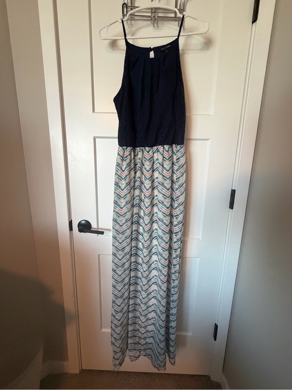 As U Wish Navy Halter Maxi with Chevron-Patterned Skirt